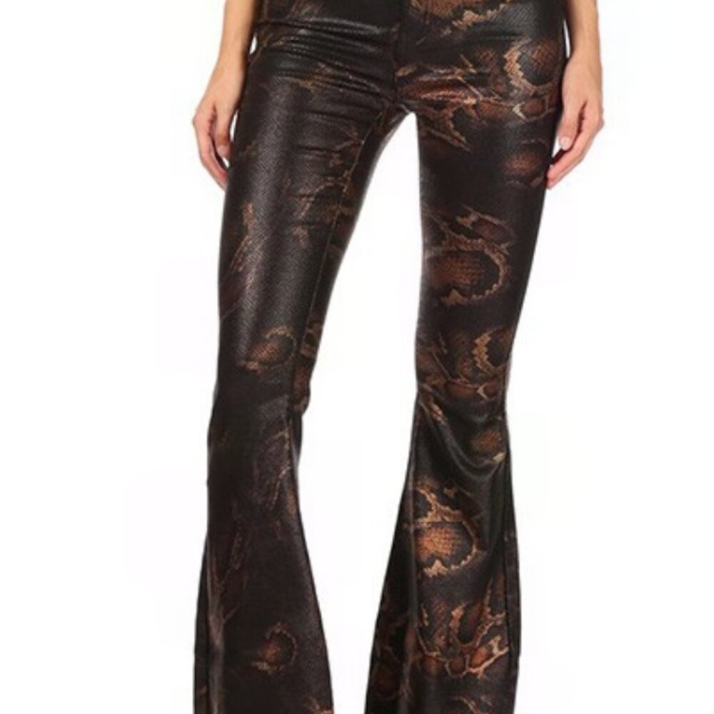 High Waist Faux leather Snake Print Flared Bottom Elegant Jeans